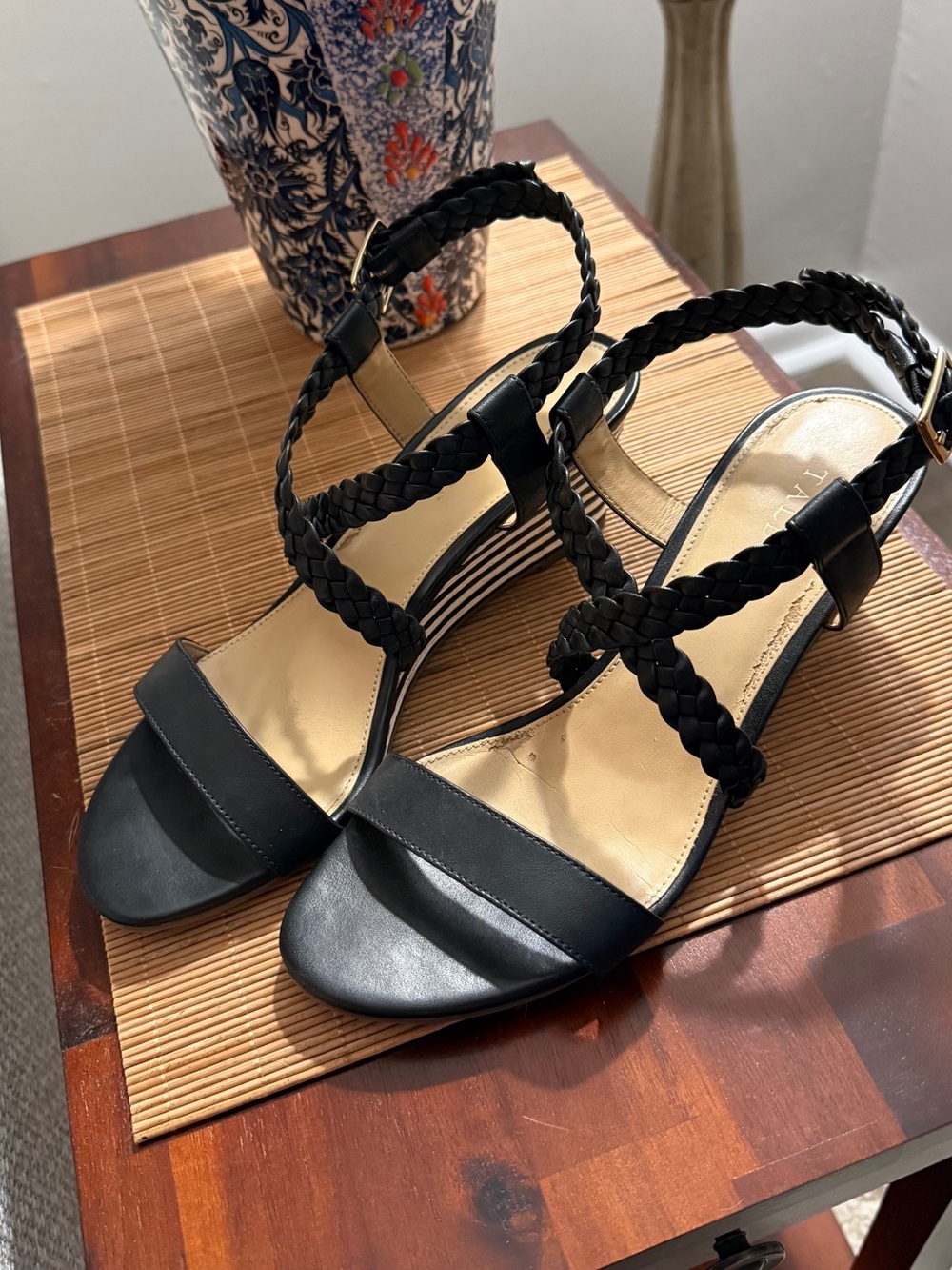 Talbot’s Black Braided Strap Women's Wedge Sandals Black and White Sz. 8